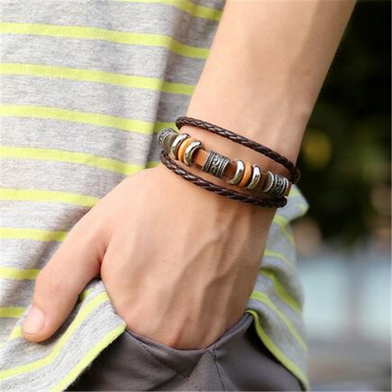 Glück Jahrgang männer Leder Armbinde Holz Perlen Charme mehrschichtig Geflochtene Armbänder Armreifen Frauen Pulseira Masculina