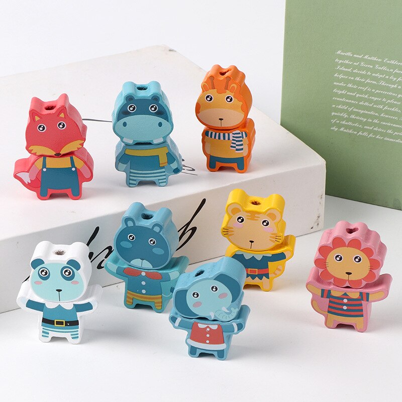 Optioneel Houten Kralen Speelgoed Oceaan Vis Verkeer Digitale Brief Groente Fruit Monterssori Educatief Spel Baby Vroeg Leren: 8pcs Forest animals