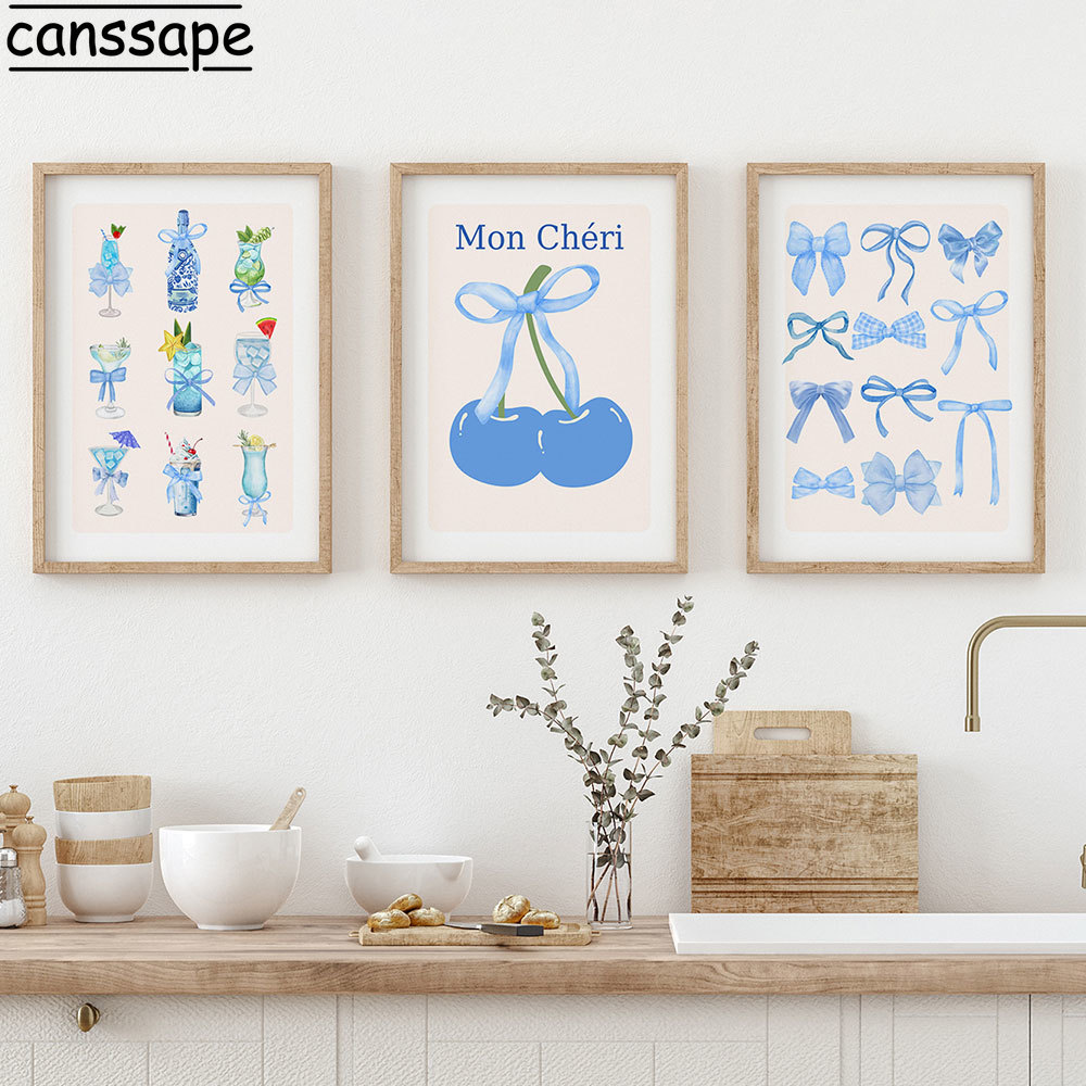 Blauwe cowboylaarzen muurkunst strik poster discobal canvas schilderijen print preppy meisje woonkamer esthetische decoratie