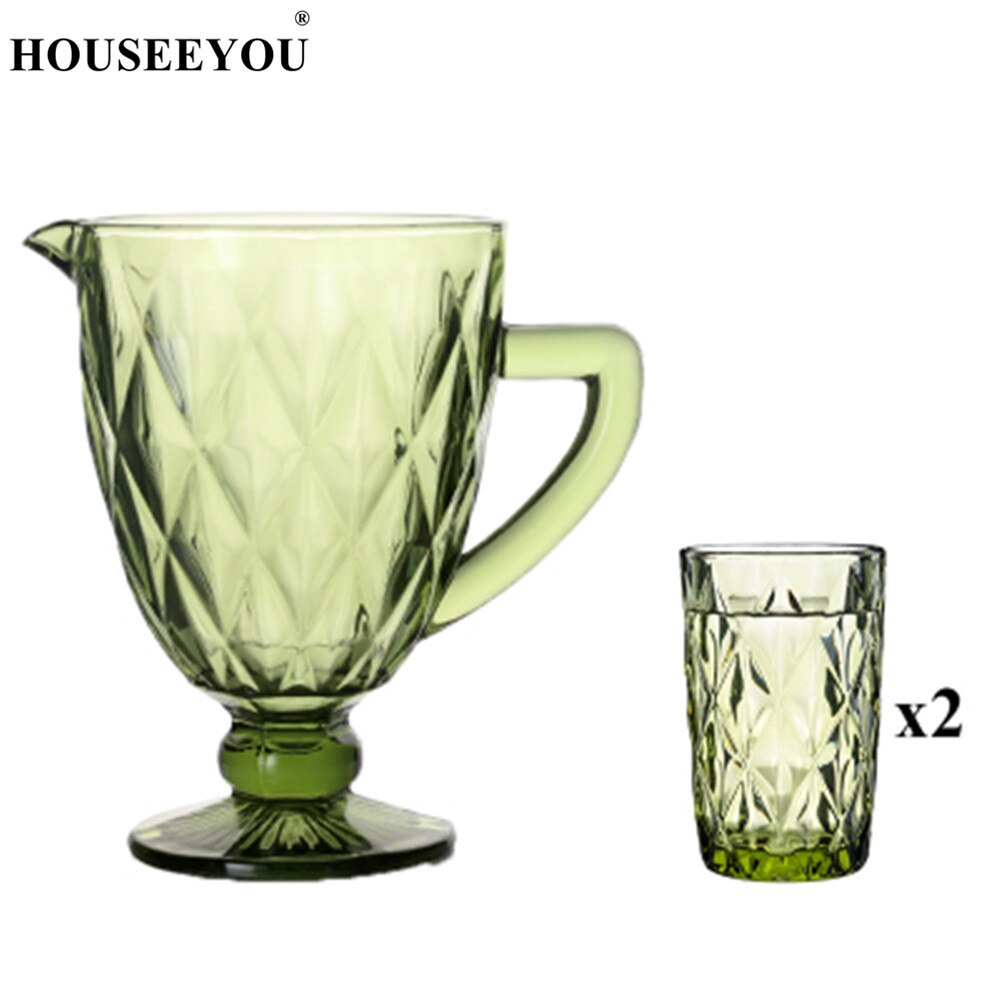 Houseeyou 1pc koldtvandskande  + 2 stk udskåret glaskop europæisk retro krystalvand vinkop drikkebar restaurantværktøj: Grøn diamant
