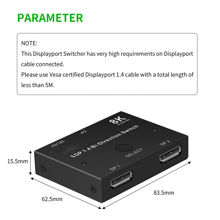 Port wyświetlacza 8K DP 1.4 przełącznik dwukierunkowy przełącznik rozdzielacza 8K @ 30Hz 4K120Hz 144Hz przełącznik DisplayPort 1.4 przełącznik 2X1 lub 1X2