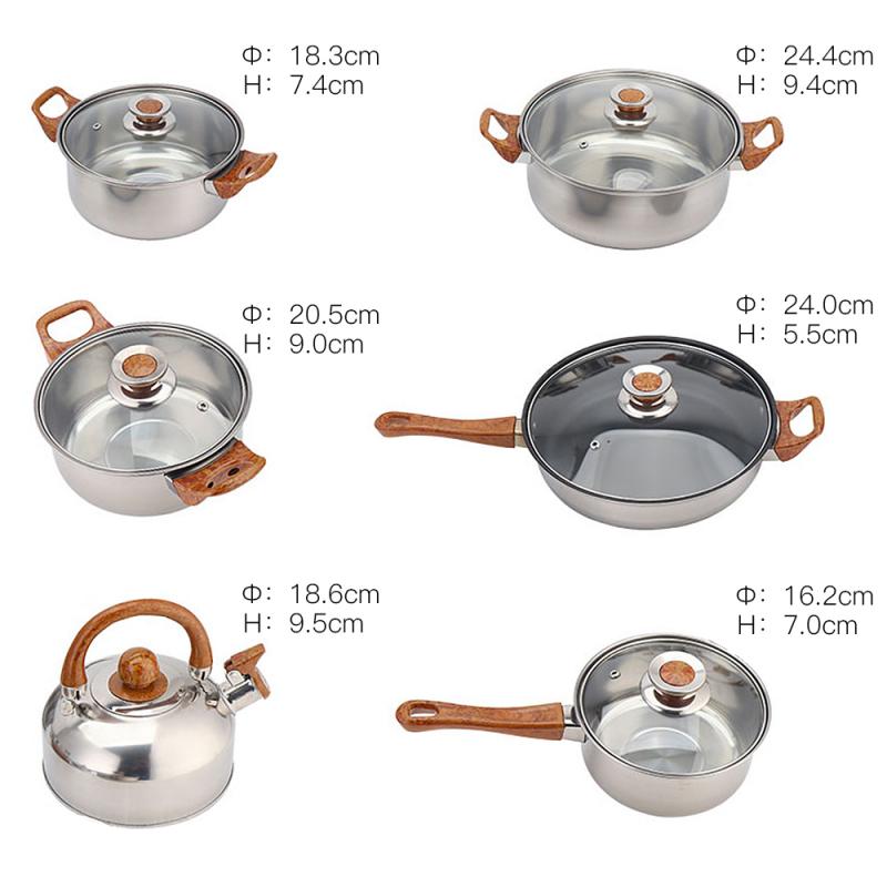 6pcs Cooking Pots And Pans Casserole Frying Pan Pan Stainless Steel Pot Set Cookware Cutlery Set Kitchen Tool Selection