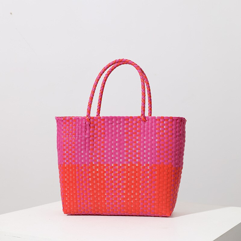 Bolso de Plástico portátil tejido a mano para mujer, bolsa cuadrada de gran capacidad que combina con todo, ideal para compras, ocio, cesta de verduras, novedad: pink