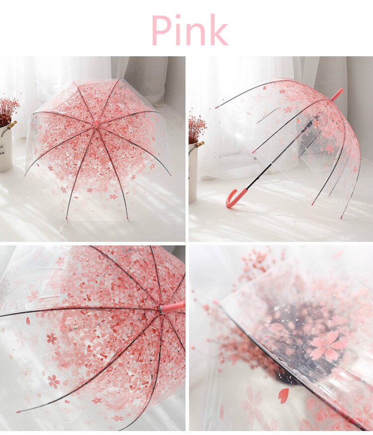 Gennemsigtig kirsebærblomst paraply langt håndtag gennemsigtig piger retro slik farvet lyse prinsesse paraply: Lyserød