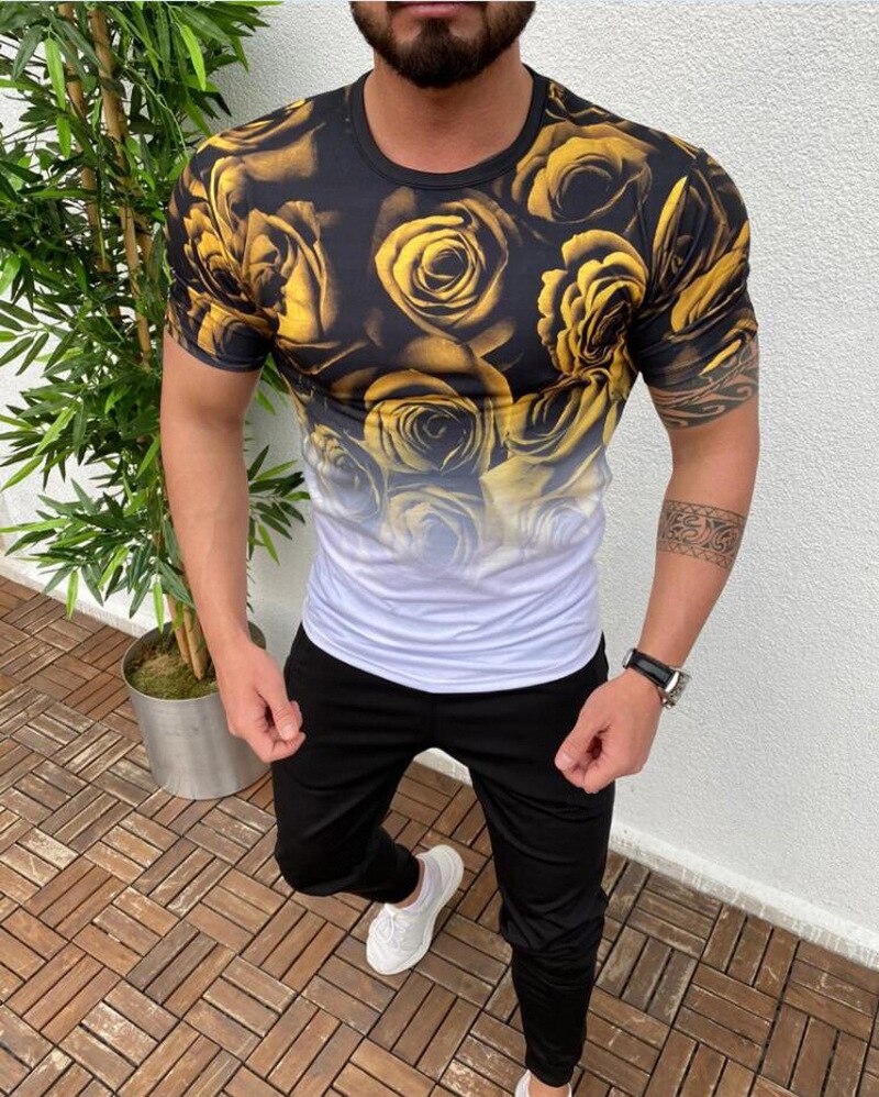 Herr sommargradient high street t-shirt herr kortärmad streetwear t-shirt herr blommiga t-shirt toppar m -3xl: 03 / Xl
