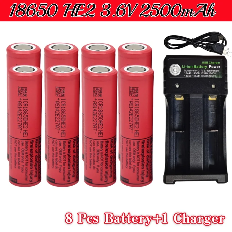 18650 HE2 Akumulator 3,6 V 2500 mAh ICR18650-HE2, używany do różnych produktów elektronicznych, zabawek Z ładowarką USB: Pomarańczowy