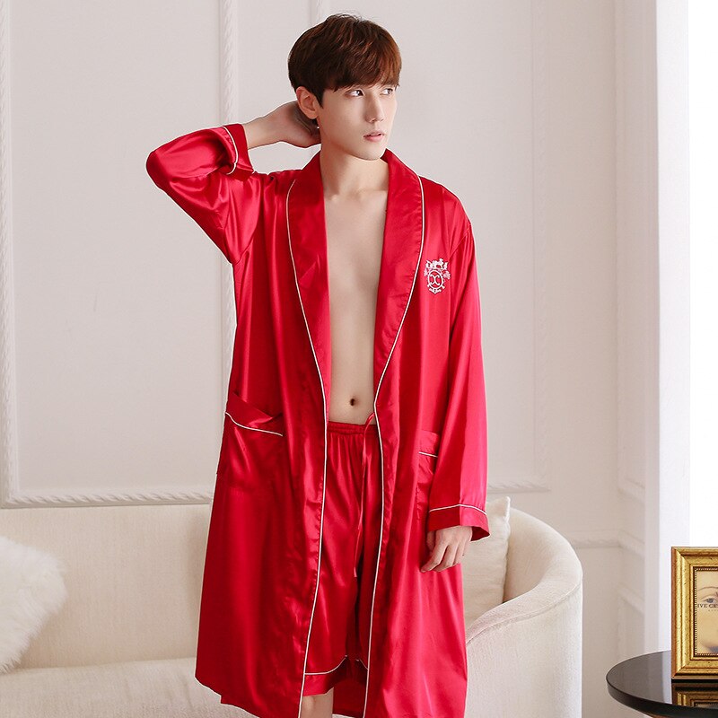 Navy Blue Mens Kimono Sleep Robe Short Pants Pajamas Suit Spring 2PC Sleepwear Sets Casual Home Wear Nightwear Bath Gown L-XXL