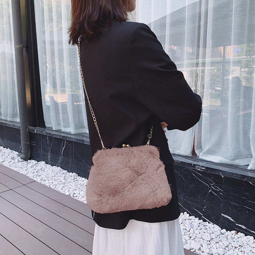 Leuke Pluche Kleine Vierkante Tas Vrouwen Handtas Casual Purse Chain Mobiele Telefoon Schouder Messenger tassen