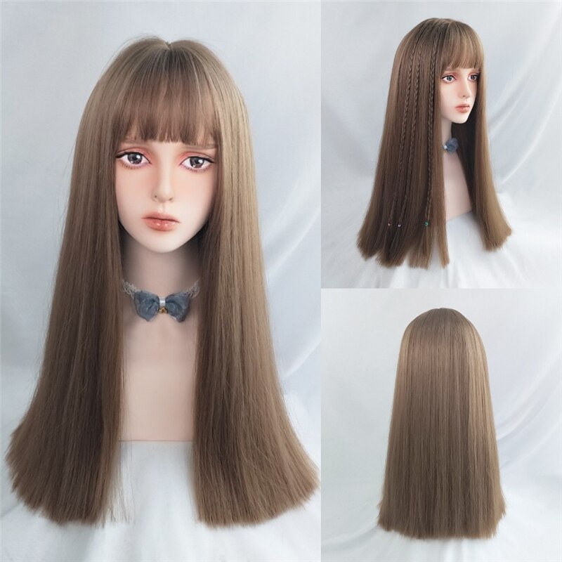 VICWIG Medium Length Cosplay Wig With Bangs Light Orange Synthetic Straight Hair Heat-resistant Rose Net Wigs For Women: R1