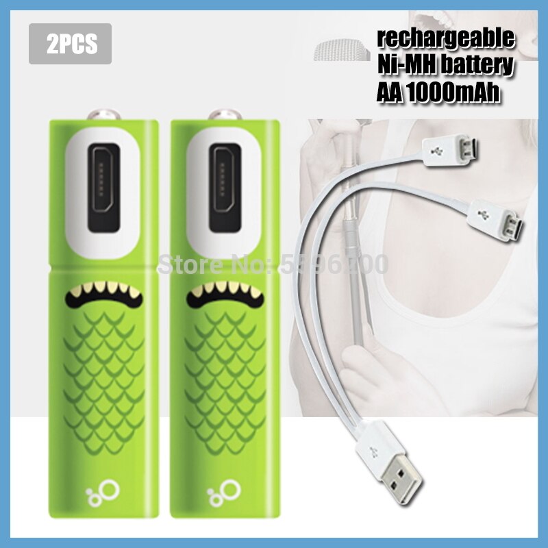High capacity 1.2V 1000mAh AA Rechargeable Battery Ni-MH Battery with USB rechargeable lithium usb battery + USB cable: 2PCS Battery
