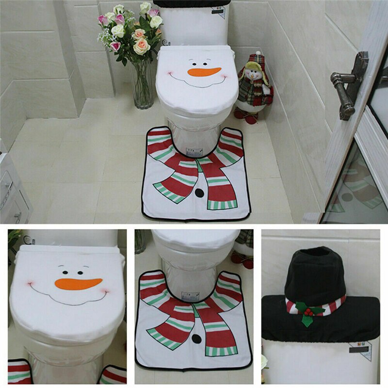 3 stk jul xmas boligindretning toilet toilet sæt santa snemand elf jul badesæt (toiletbetræk + tankdæksel + kontur tæppe)