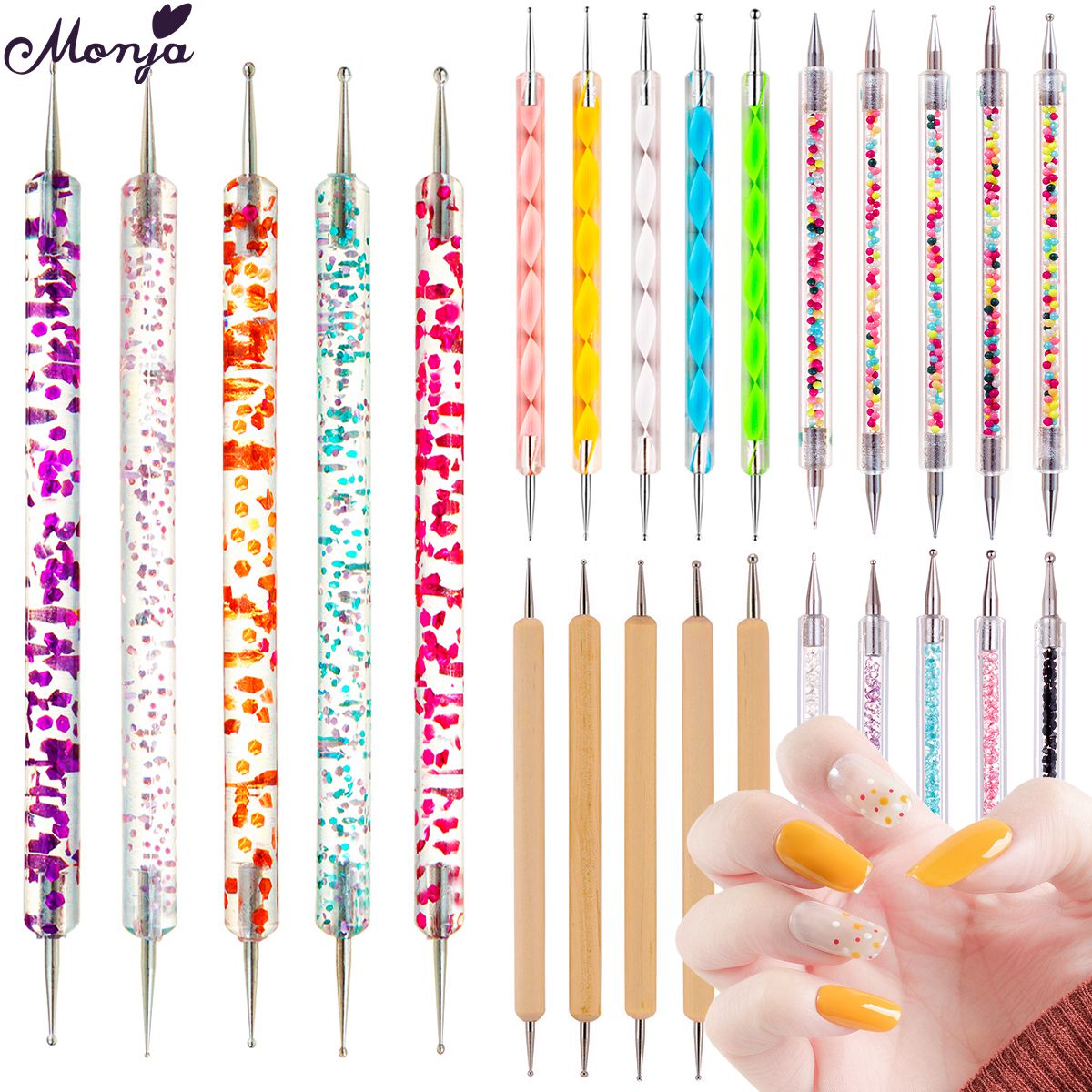 Monja 5 Stks/set Dubbele Hoofd Manicure Borstel Acryl Gel Graveren Pen Strass Kralen Decoratieve Delicate Nail Art Gereedschap