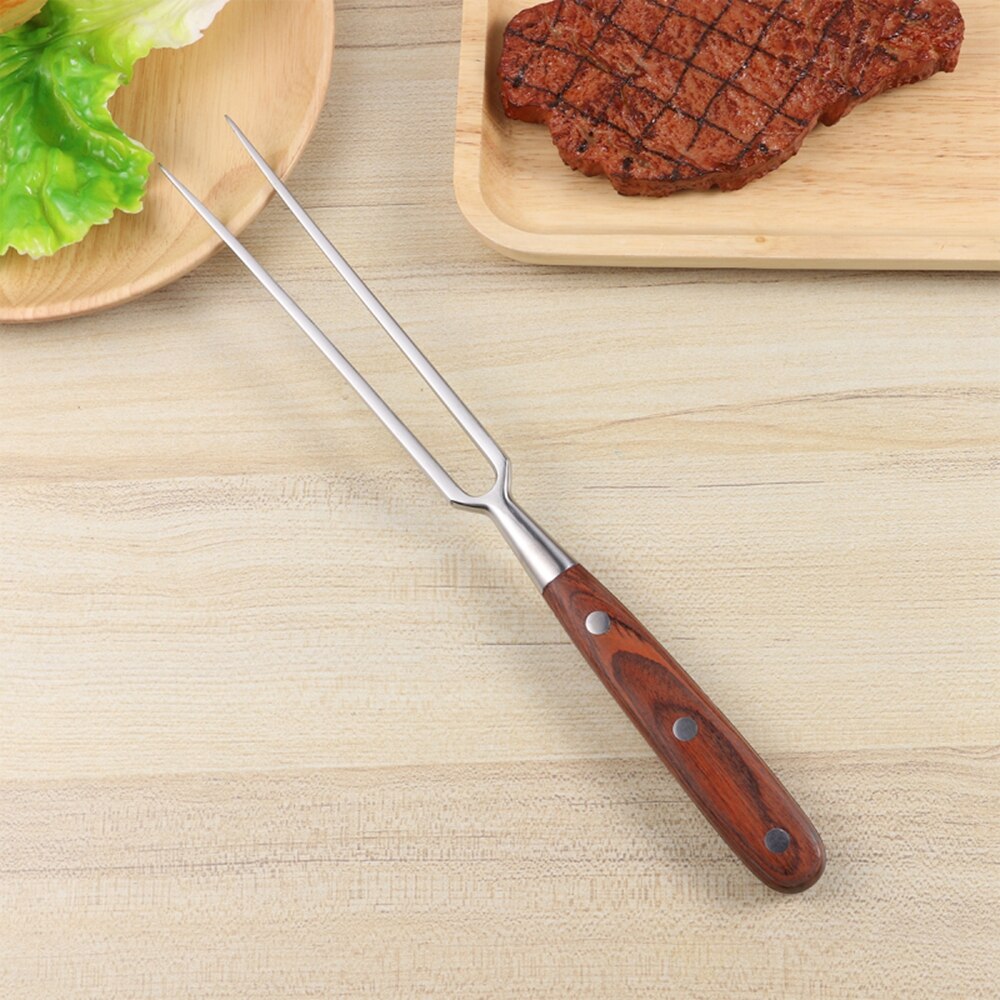 Portable Outdoor Stainless Steel Barbecue Tool Wooden Handle Barbecue Fork Food Fork Meat Fork
