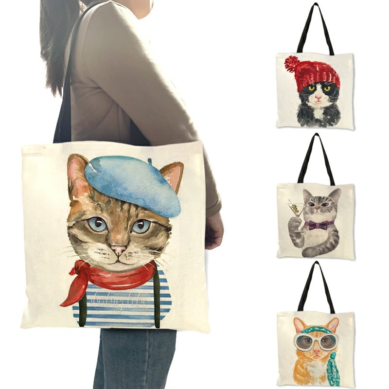 Cute Cat Print Reusable Shopping Bag Women Bags Summer Tote Bag Traveling School Bags B06034