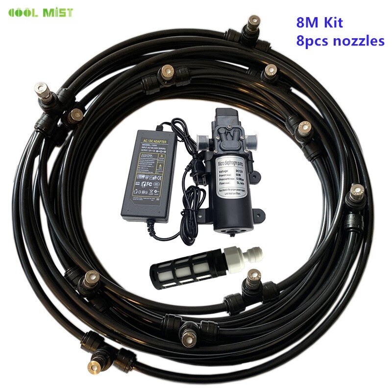 H30 Medium pressure 80PSI 12V electric diaphragm pump atomizing humidification cooling watering kit 8M-18M mist fog nozzle spray: 8M Black Kit