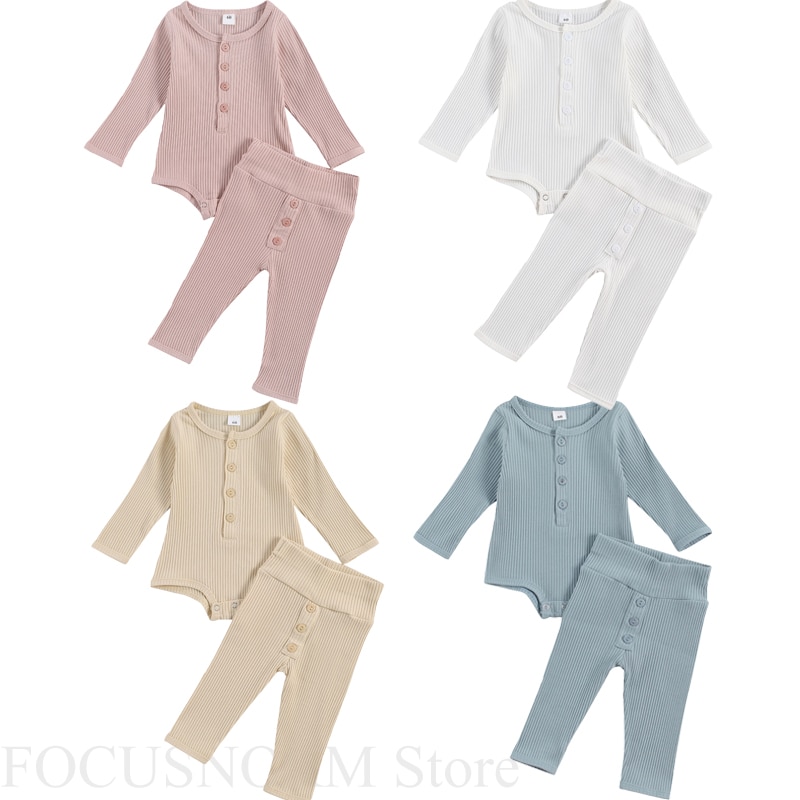 Focusnorm 0-18M Pasgeboren Baby Meisjes Jongens Nachtkleding Sets Solid Knit Knop Lange Mouw Romper Tops Broek 2 stuks 4 Kleuren