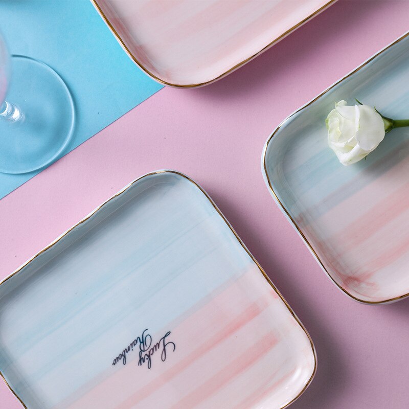 Kleur Veranderende Rechthoek Keramische Plaat Nordic Vierkante Porselein Glazuur Diner Plaat Pasta Cake Dessert Dienblad Huishouden Gerechten Plaat