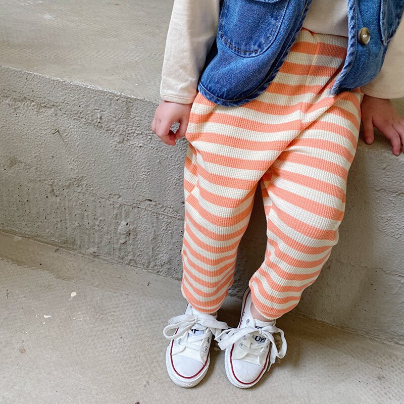 Efterårstrikket afslappet stribet 2 farver sportsbukser til børnehavens børn drenge piger komfortable bukser: Orange / 12m