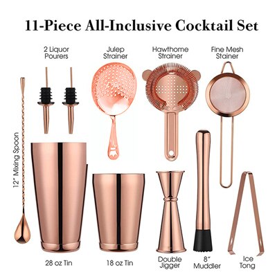 Cocktail Shaker Bar Set: 2 Weighted Boston Shakers,Cocktail Strainer Set,Jigger,Muddler and Spoon, Ice Tong and 2 Bottle Pourer: Copper Sets