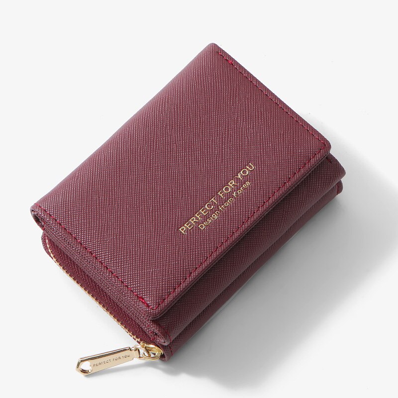 WEICHEN Trifold Small Wallet Women Soft Leather Purses Female Wallets Card Holder Zipper Coin Pocket Ladies Slim Purse Carteras: Wine Red