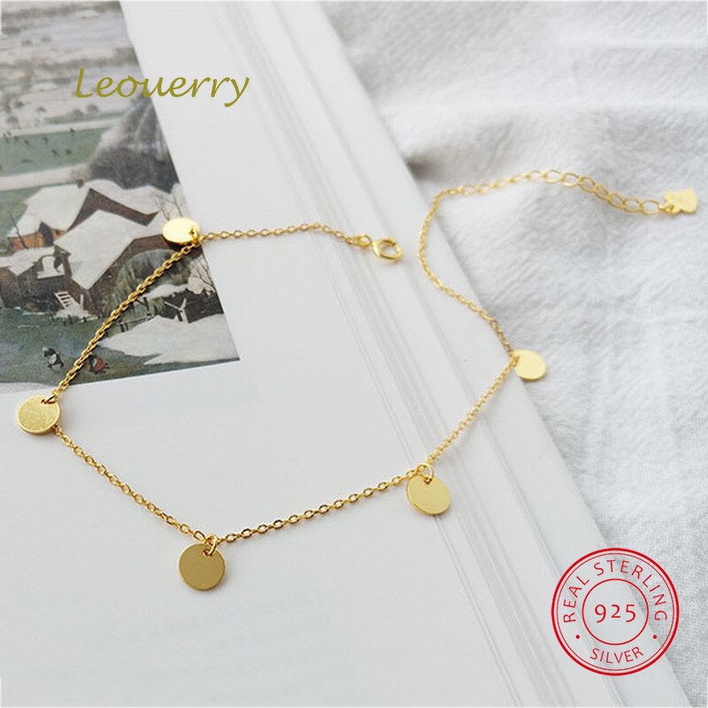 Leouerry 925 Stering Silber Einfache Gold Überzogene Waffel Quaste Sommer Strand Fußkettchen für Frauen Mädchen Fuß Armbinde Schmuck