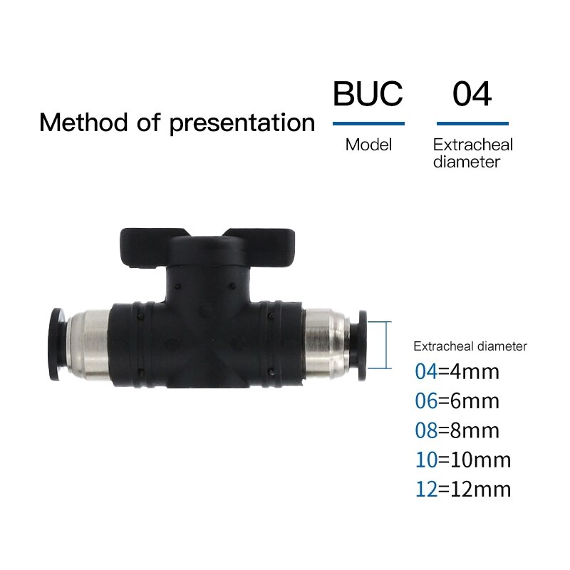 BUC-4mm/6mm/8mm/10mm/12mm Black pneumatic switch quick quick insertion PU air pipe joint hand valve air valve ball valve