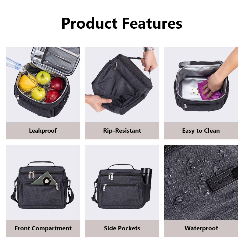Tomule Thermische Mittagessen Tasche für Frauen freundlicher Männer Kühler Taschen Picknick Tragbare Taschen Wasserdicht Isolierte Pack Schwarz