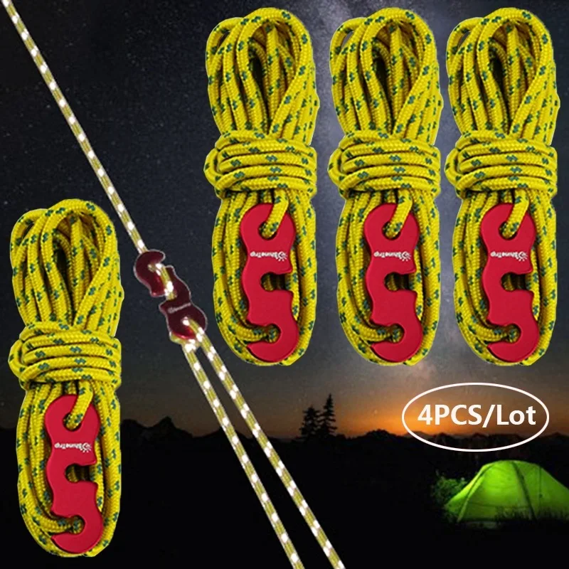 4 stks/partij 3M Outdoor Tent Touwen Reflecterende Touwen Luifel Touwen Versterkte Winddicht Touwen met Gespen Camping Accessoires