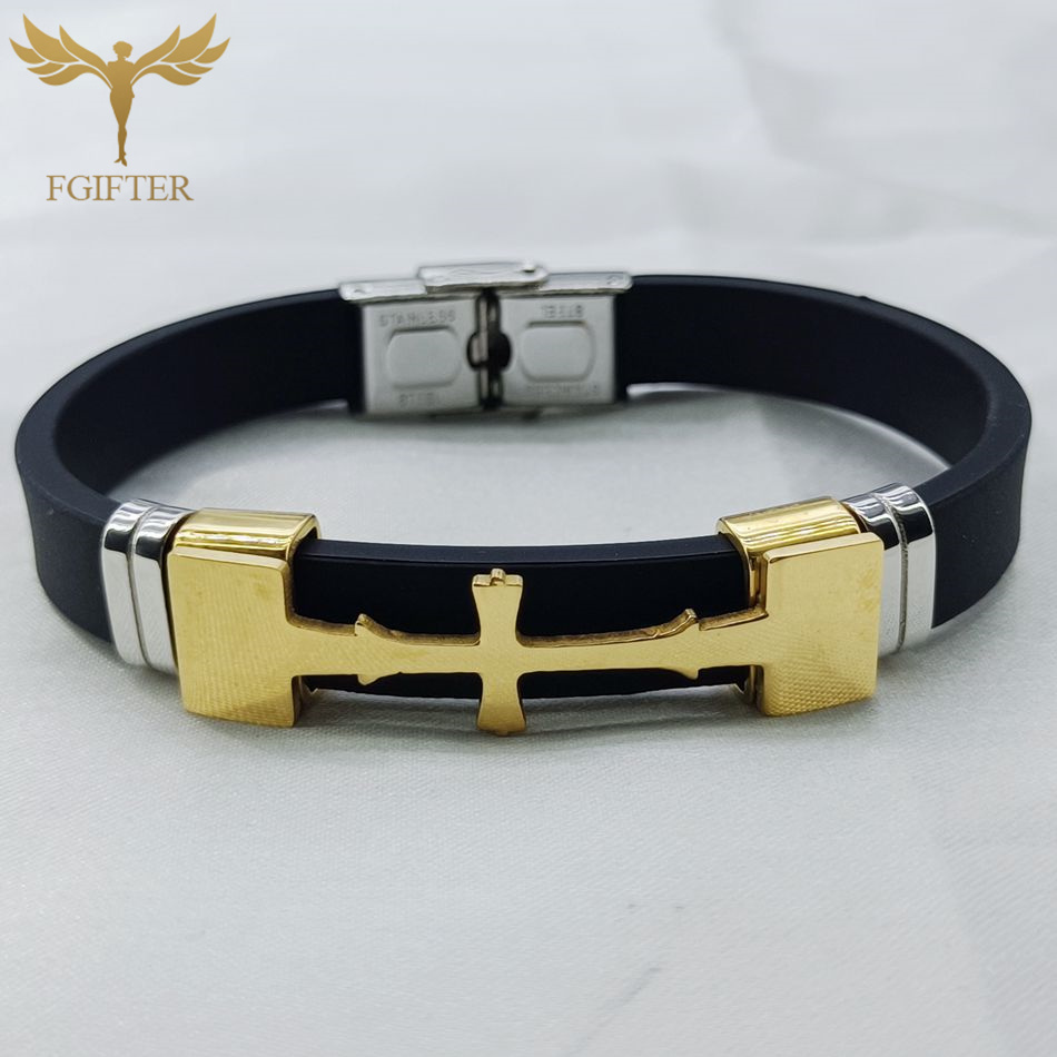 Guldfarvet rustfrit stål kors symbol tilbehør armbånd flere farver gummi armbånd kristen religion smykker: 17cm / Varm stempling