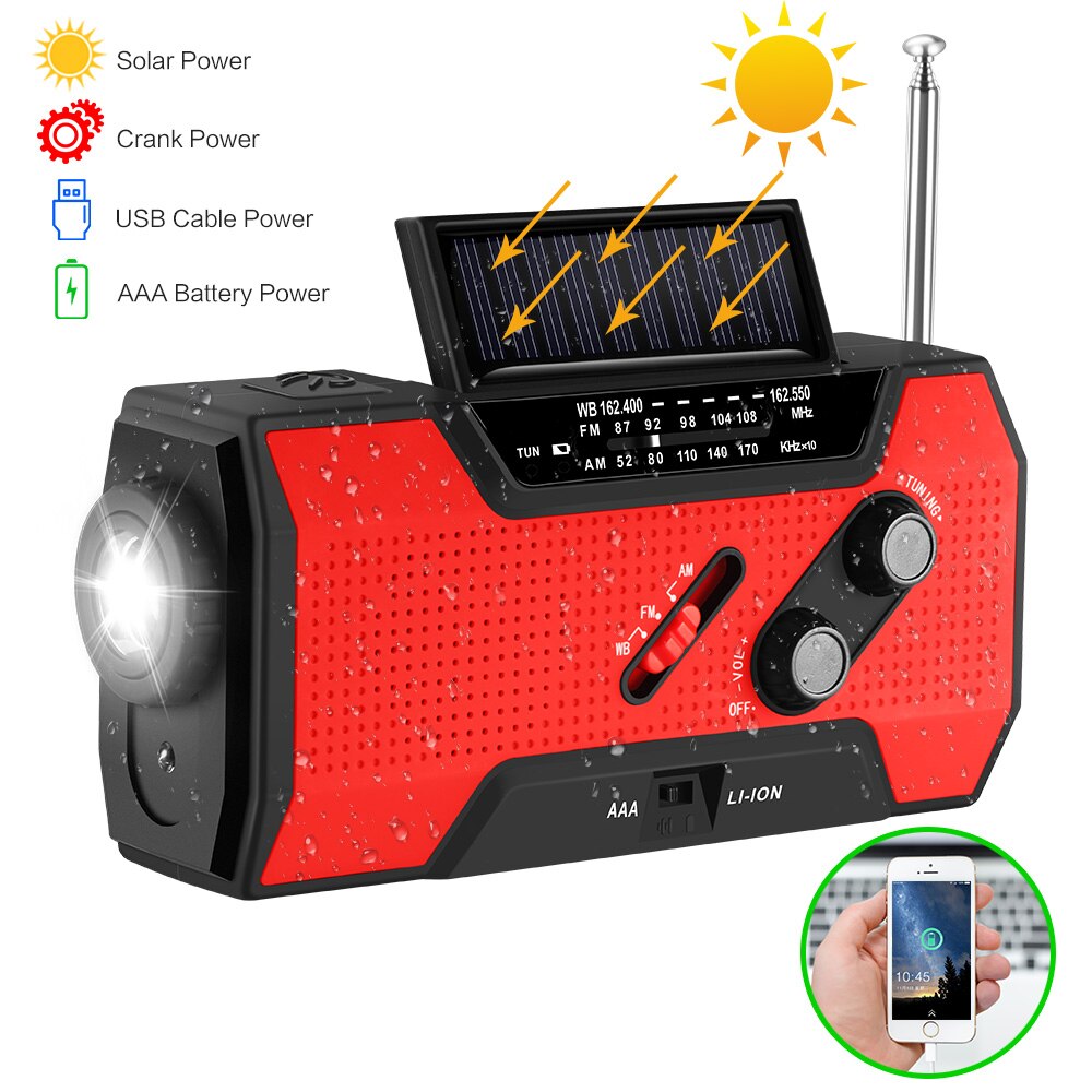 Manivela de mano Radio para Radio Meteorológica NOAA emergencia Solar manivela de mano autoalimentada batería 3AAA linterna 2000 mAh banco de energía: Rojo
