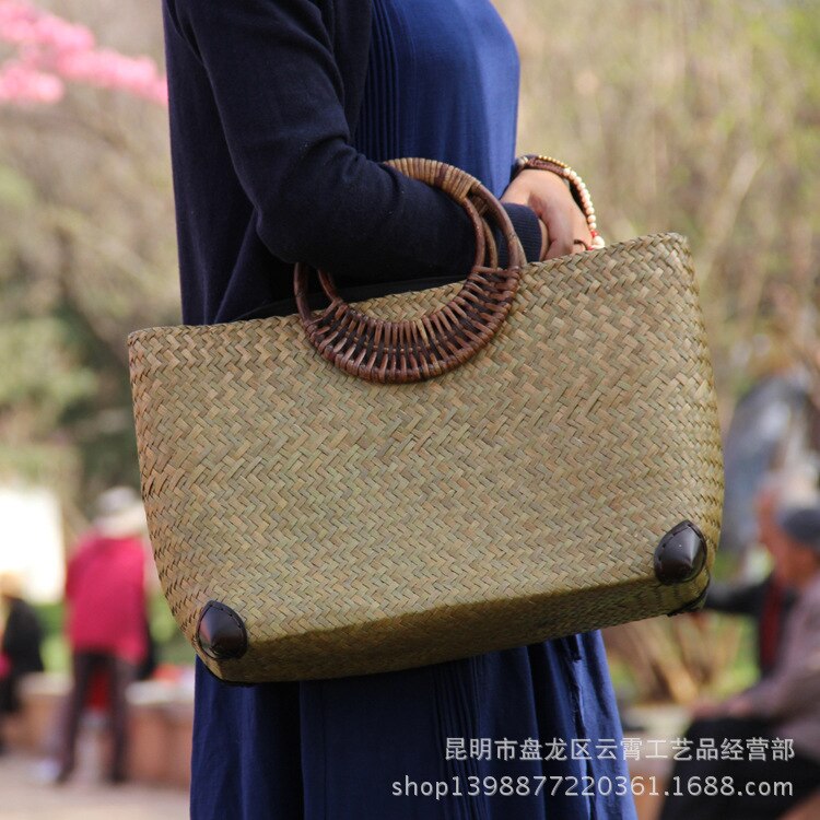 22 Stijl Strozak Rotan Houten Handvat Retro Geweven Zak Emmer Zak Grote Strand Tas: C031 natural