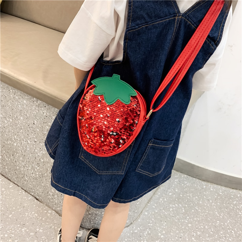 Kid pige frugt håndtaske bling skuldertaske jordbær ananas pailletter pu rund crossbody pung tegnebog baby tilbehør