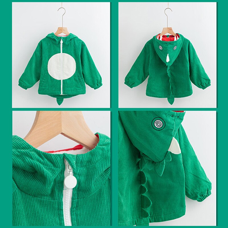 Coupe-vent à capuche en velours côtelé pour enfants, garçon et fille, veste d&#39;automne en forme de dinosaure, manteau de couleur verte pour tout-petits de 2 à 6 ans