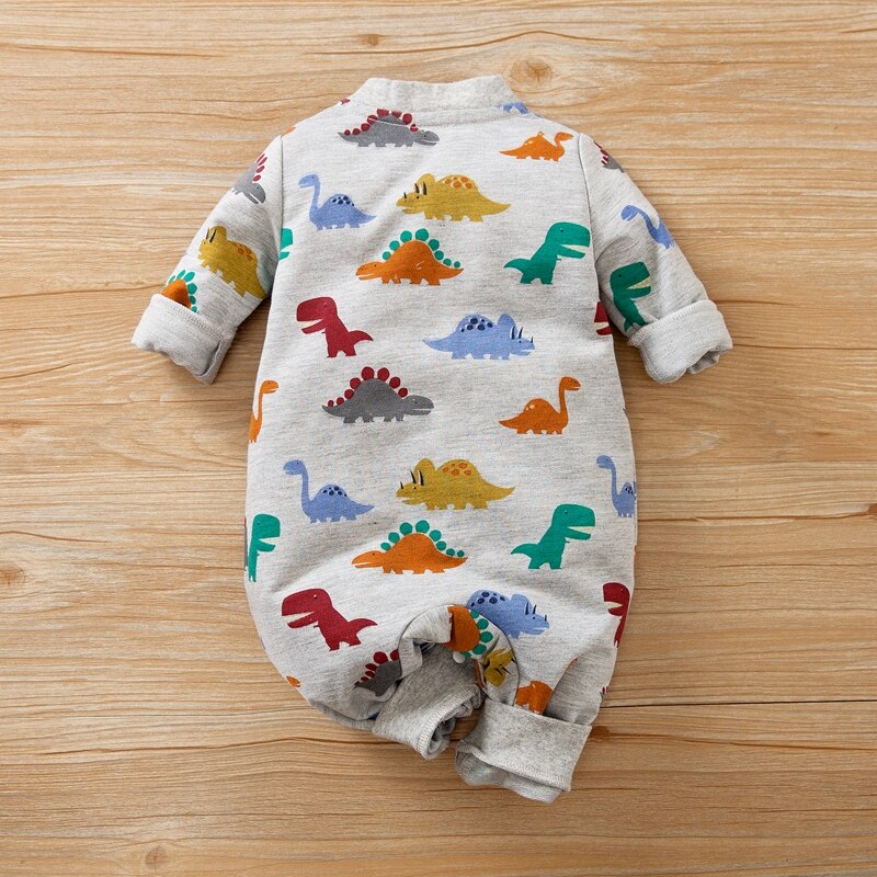 Patpat lente en herfst baby dinosaurus allover jumpsuit voor babyjongens bodysuits kleding