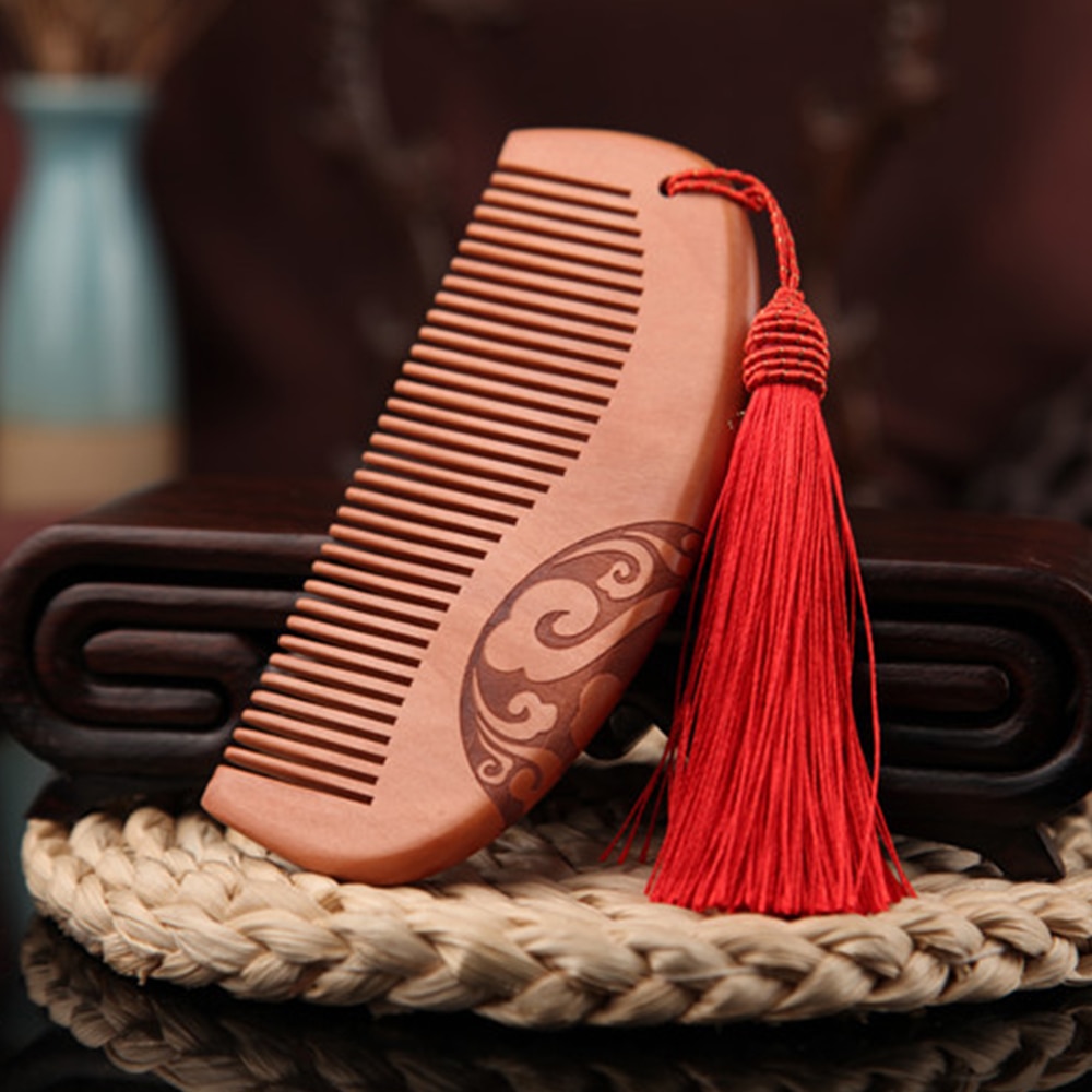 1 pc Natural Vintage Comb Carved Double Fine Anti-static Hair Comb With Tassel Hair Care Wooden Tools Beauty Accessories