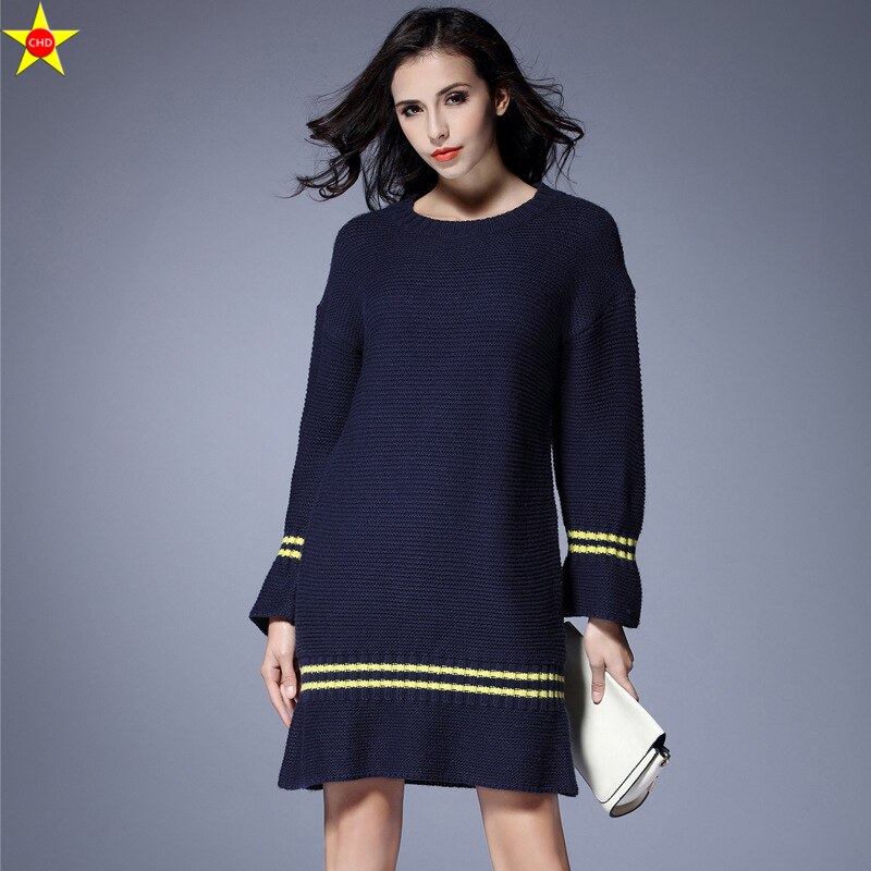 L-5XL Plus Size Casual Women Trumpet Dresses Autumn Winter Flare Sleeve Knitted Loose Dress Extra Large: L