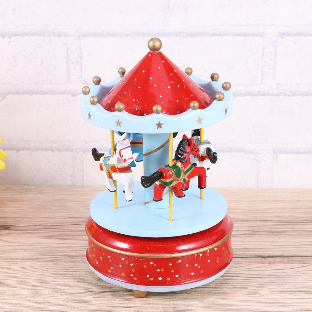 Wooden Carousel Music Box Decorative Desktop Musical Box Valentine's Day Birthday for Girls Friends (Red)