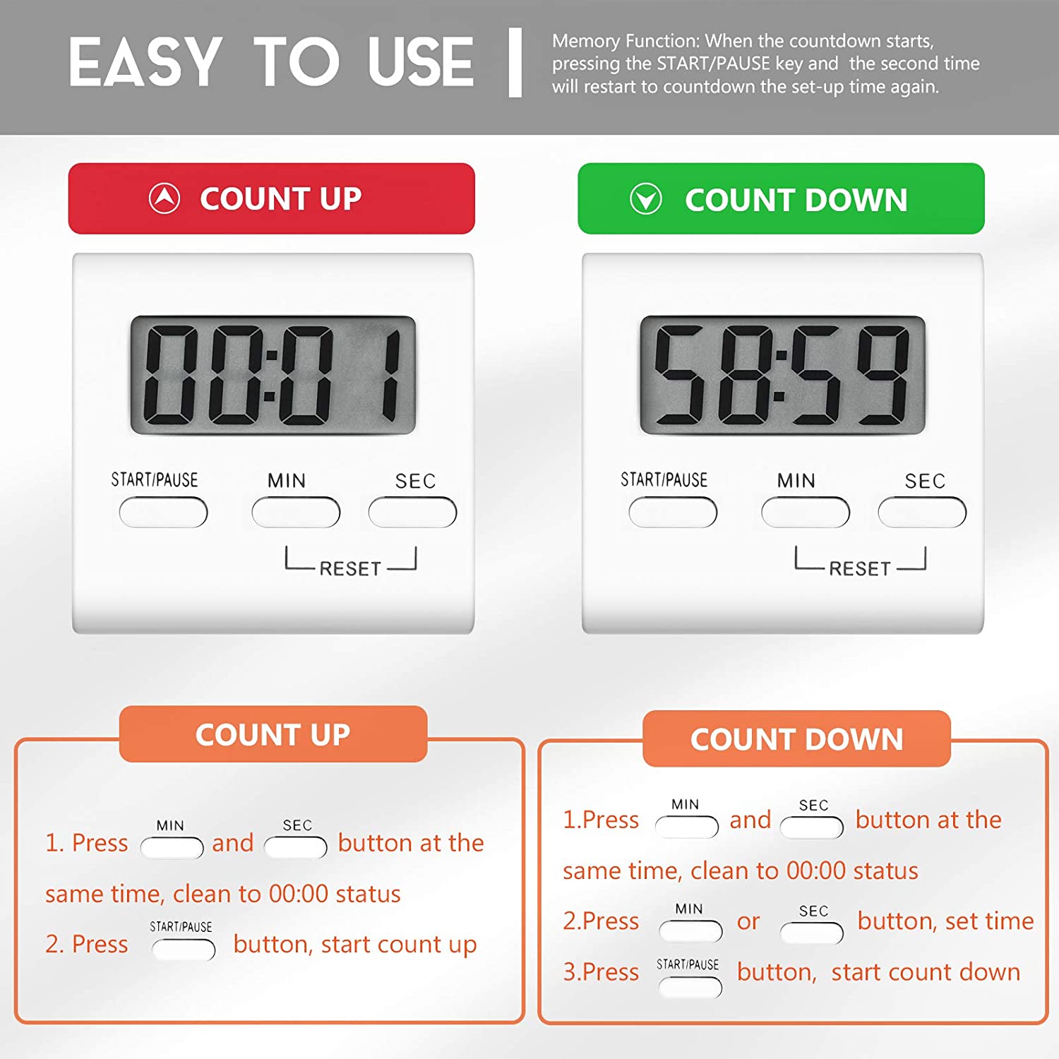 Magnetic Kitchen Timer Countdown Timer LED Digital Screen Multifunctional Visual Alarm Clock for Study Sport Cooking