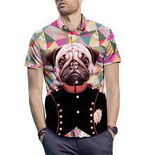 Summer MEN Pug Dog Short Sleeve Print Beach Shirt Vacation Plus Size Casual Stand Collar Loose Swim Beach Shirt