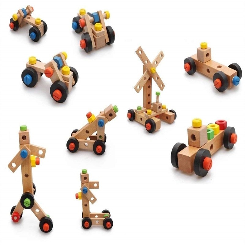 52pcs Assembly Wooden Toys Multifunction Wooden Building Sets DIY Screw Block Activity Working Chair Construction Sets Puzzle