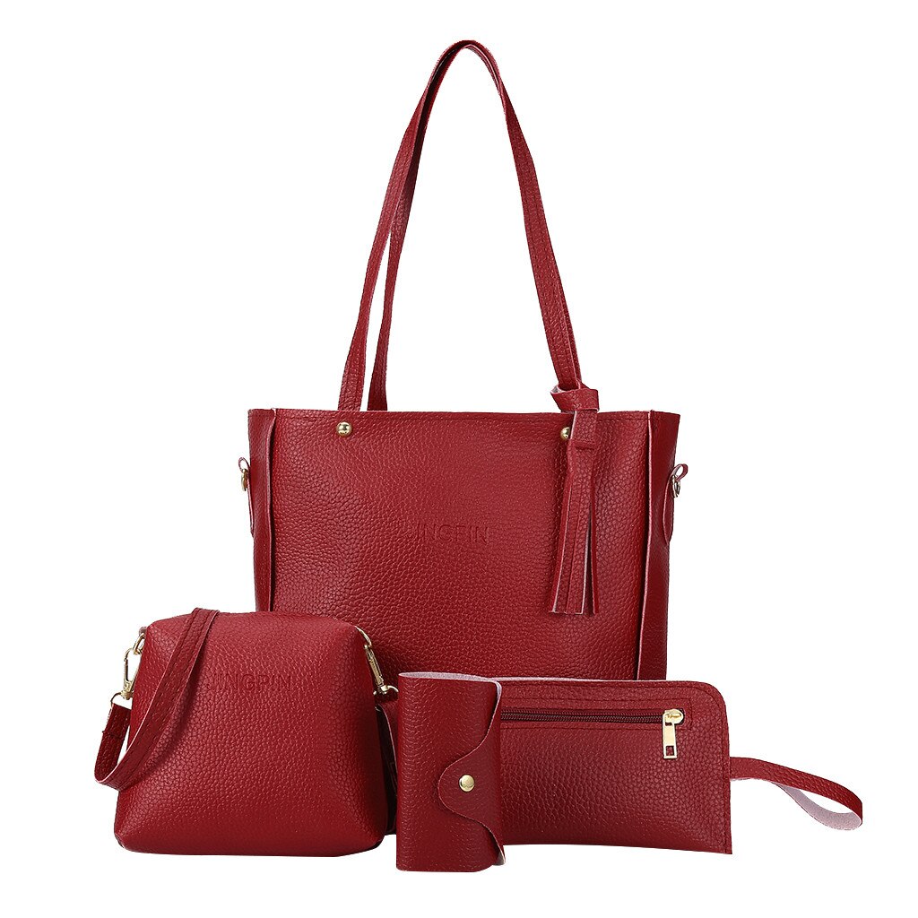 4pcs Set Woman Bag Handbags Four-Piece Shoulder Bags Leather Messenger Bag Vintage Wallet Card Package Purse Flap: Red 