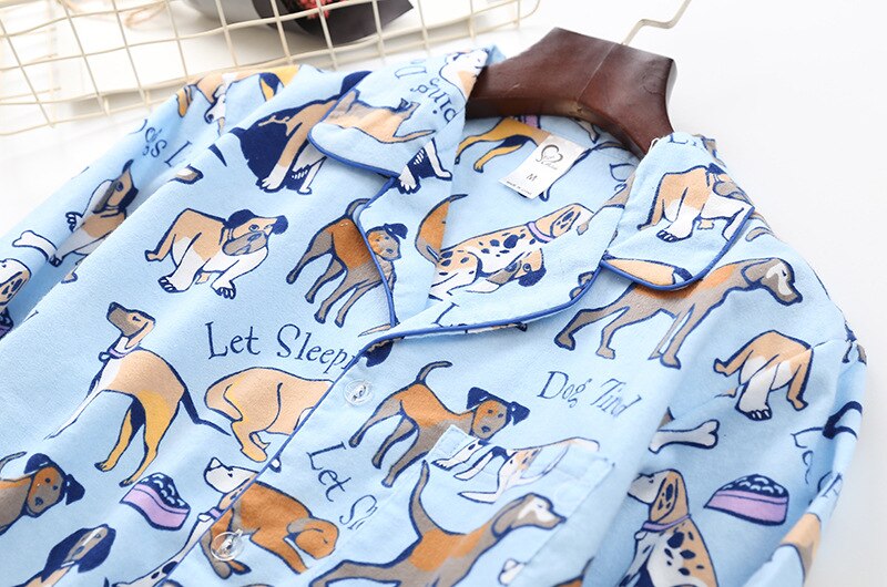 Men Pajamas Dog Print Brushed Cotton Thick 2 Pieces Set For Couple Women Long Sleeve Elastic Waist Pants Lounge Nightwear P80001