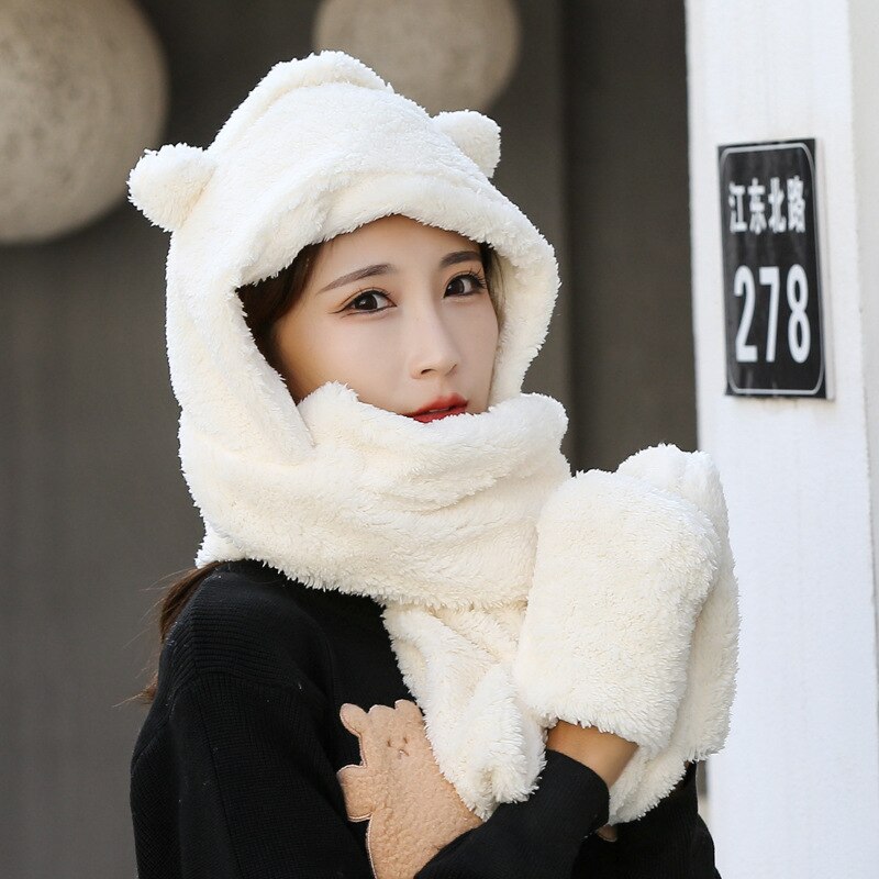 Women Cap Caps Warm Cute Bear Ear Hat Casual Plush Hat Scarf Set Casual Novelty Beanies Solid Winter WomenAC2164: white