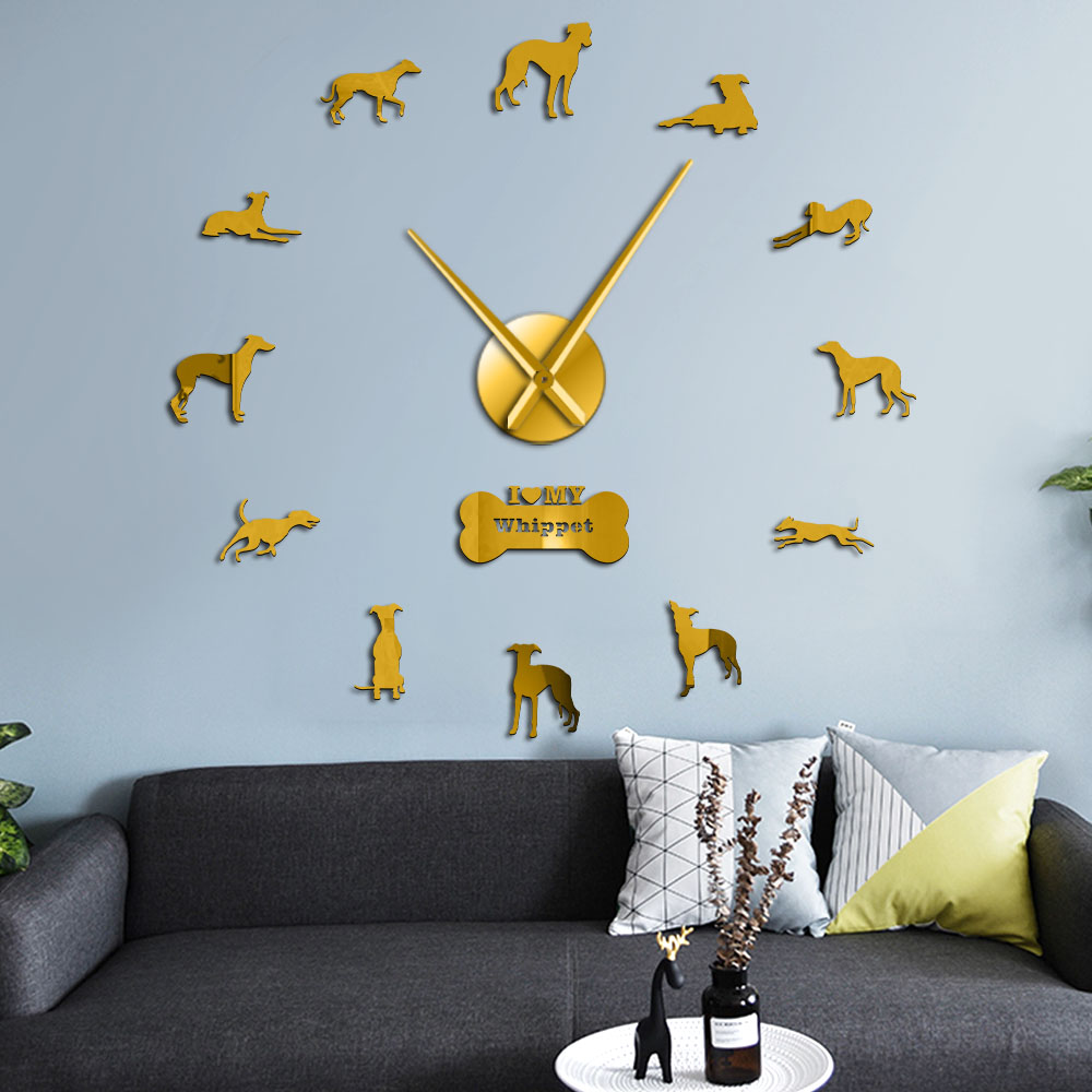 Oversized Whippet Dog Portrait 3D Acrylic DIY Wall Clock Italian Greyhound Canine Animal Mirror Effect Wall Stickers Clock Watch