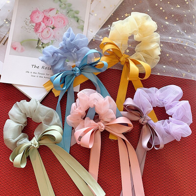 Large Ribbon Bowknot Hair Scruchies Girls Streamer Ponytail Holder Kids Flower Elastic Hair Bands Hair Ring Sweet Accessories