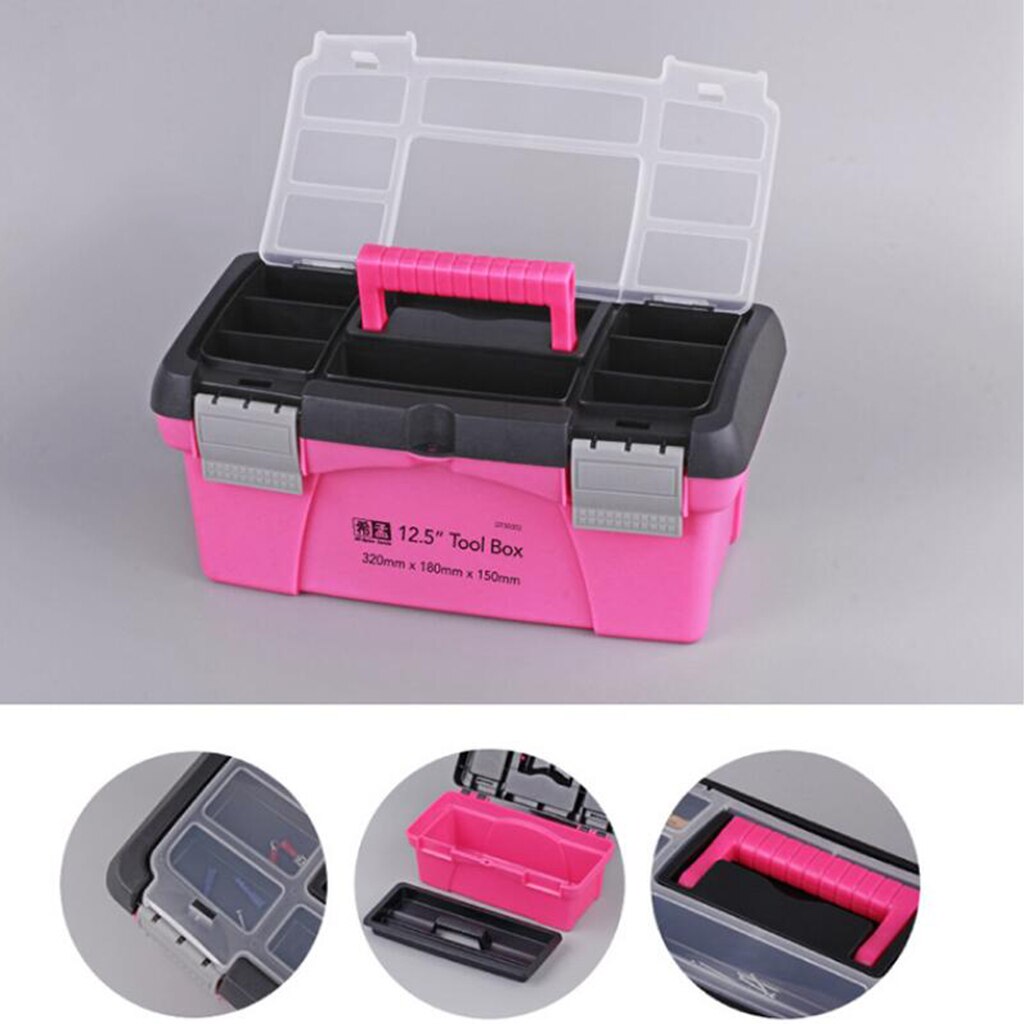 10 12.5 Inch Portable Tool Box Plastic Storage Pink Lady Women Inner Layer Toolbox for Tool Components Daily Necessities