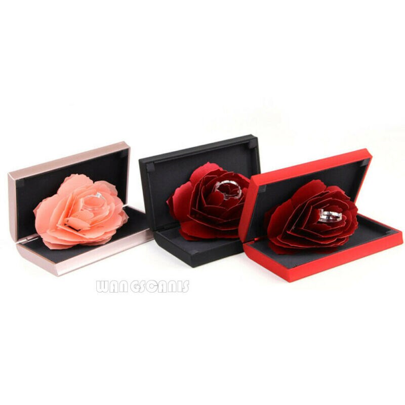 Ringe æske bryllup forlovelsesring rose blomsteræsker 3d vintage til smykker display opbevaring holder