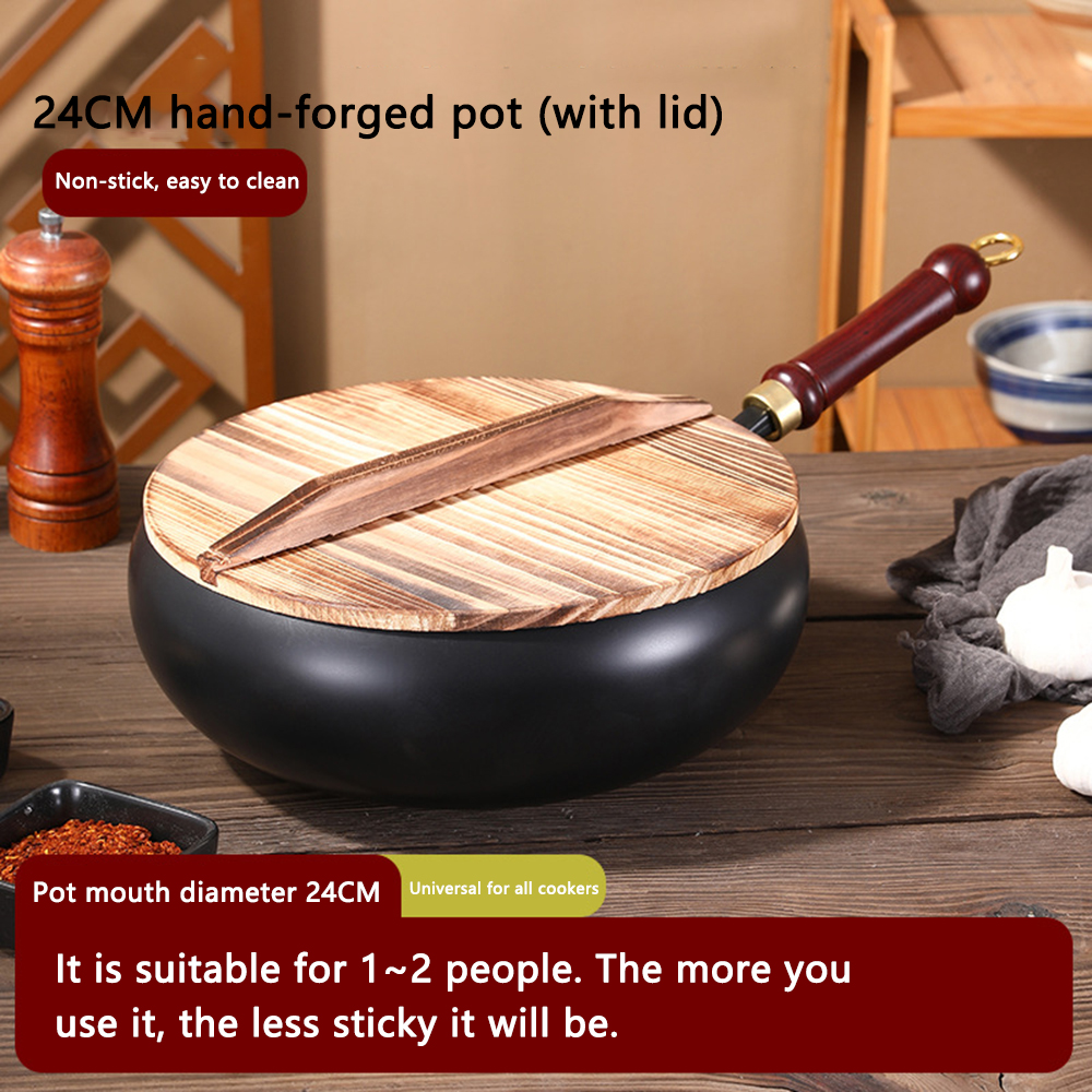 24cm/28cm Uncoated Pot Non - stick Wok Hand-made Iron Pot with Wooden Lid Cooking Pan for Induction Electric Gas All Stoves: WHITE