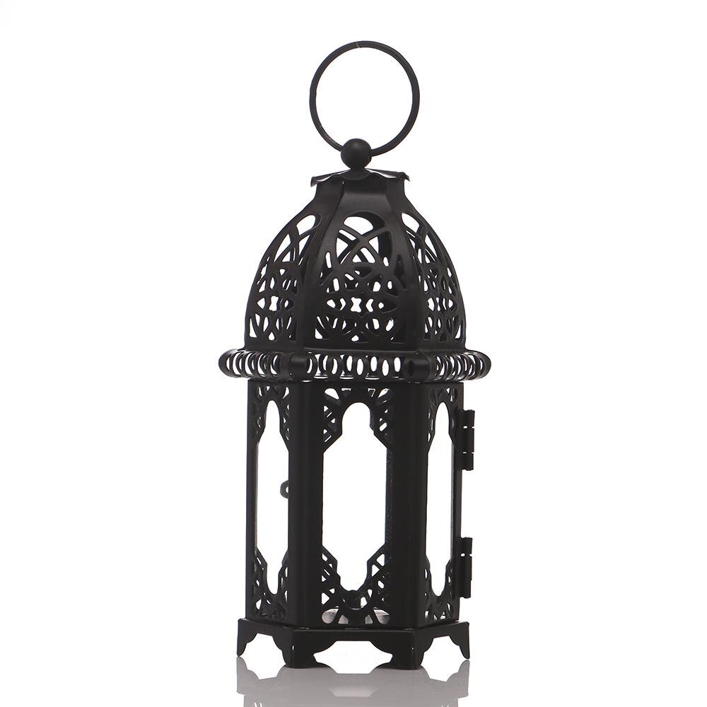 Farol-candelabro votivo marroquí, farol colgante para , decoración de boda, candelabros Vintage, lámpara de farol de cristal de hierro: Black transparent