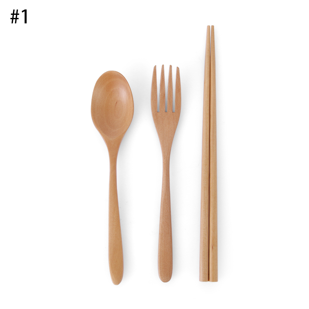 1 SET Pack Tea Scoops Desserts Fruits Serving Travel Dinnerware Suit Spoon Fork Portable Tableware Wooden Cutlery Sets Cloth Bag: No1